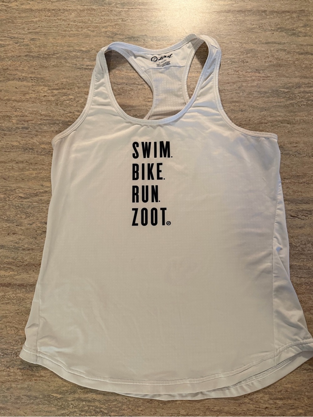 Zoot White Racerback Tank with Black Vertical Text